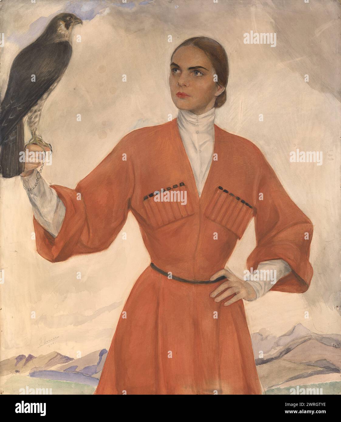 Élégante dame habillée en cosaque et tenant un faucon de chasse. Collection privée. Banque D'Images
