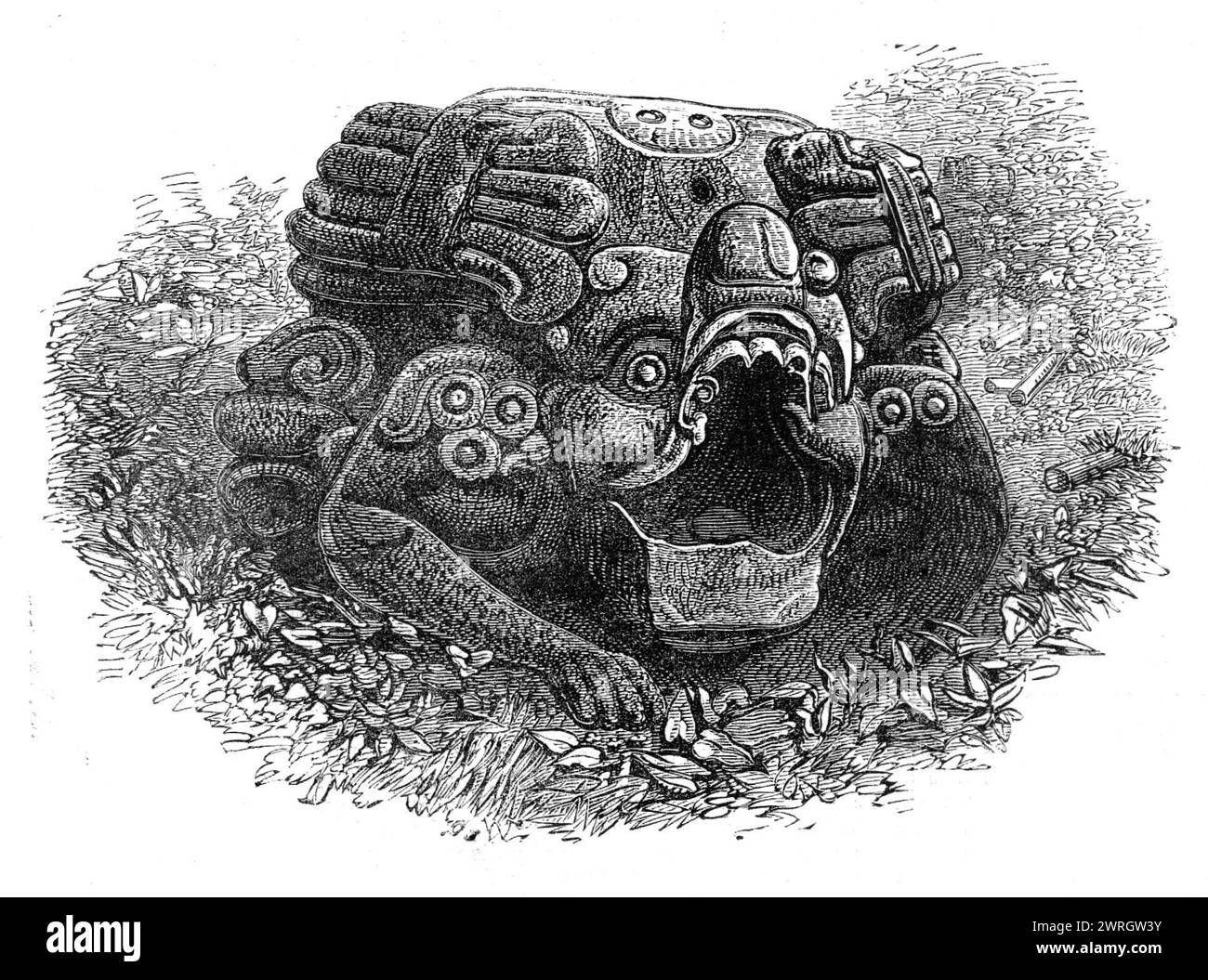 Les ruines de Copan, Amérique centrale : autel-pierre, 1864. Gravure à partir d'une photographie de M. Osbert Salvin. 'Juste là où se dressent les ruines... la vallée s'ouvre dans une petite plaine alluviale d'une grande fertilité. Au-dessus de cette plaine, partout où la végétation a été laissée intacte, la forêt pousse. Il serait difficile de déterminer jusqu'où les ruines s'étendent dans toute la vallée, car des pierres sculptées doivent être vues tout au long de la route menant à ce qui semble être le point central des ruines... le voyageur vient de façon inattendue sur des fragments sculptés dans presque toutes les directions, et les natifs pointent dans le Banque D'Images Les ruines de Copan, Amérique centrale : autel-pierre, 1864. Gravure à partir d'une photographie de M. Osbert Salvin. 'Juste là où se dressent les ruines... la vallée s'ouvre dans une petite plaine alluviale d'une grande fertilité. Au-dessus de cette plaine, partout où la végétation a été laissée intacte, la forêt pousse. Il serait difficile de déterminer jusqu'où les ruines s'étendent dans toute la vallée, car des pierres sculptées doivent être vues tout au long de la route menant à ce qui semble être le point central des ruines... le voyageur vient de façon inattendue sur des fragments sculptés dans presque toutes les directions, et les natifs pointent dans le Banque D'Images
