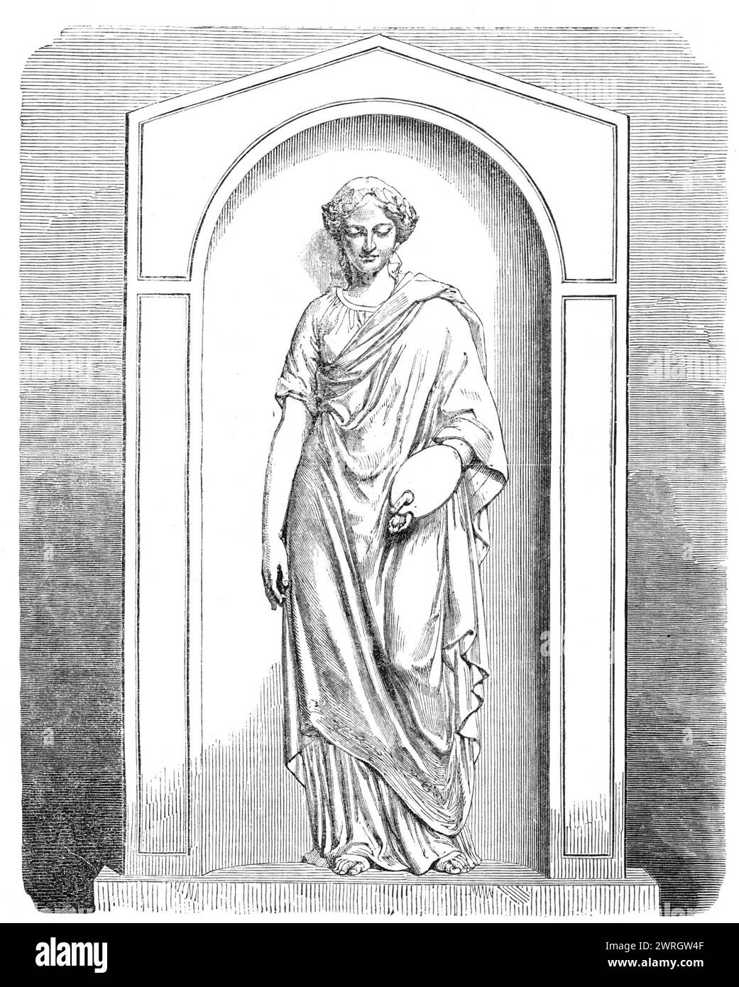 Le tombeau de James Ward, Esq., R.A., cimetière de Kensal-Green, [Londres], 1864. monument composé de "...une pierre tombale monumentale, dans un évidement en forme de gorge, sculpté par Mr. J. H. Foley R.A., en haut-relief, une figure de la Muse de la peinture. Elle se tient dans une attitude pensive. La tête, entourée d'une couronne de laurier, est inclinée vers l'avant, les yeux fixés sur la tombe en dessous. Dans sa main gauche, elle tient une palette et une gerbe de pinceaux. La draperie est disposée avec simplicité grecque, et la figure entière a un air de grâce antique ; pourtant le geste est touchant dans son pathos naturel 'nous ne R pas Banque D'Images