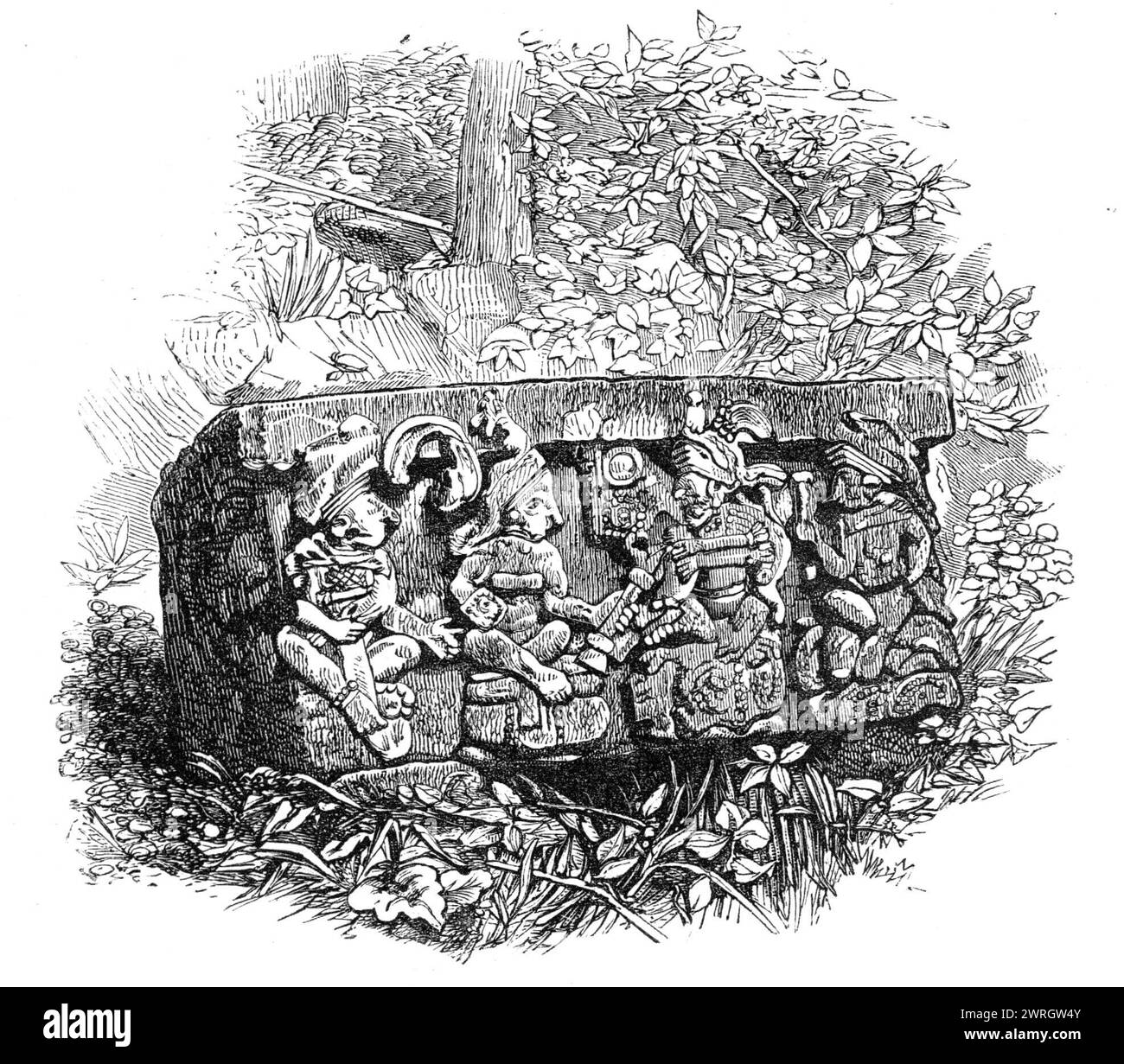 Les ruines de Copan, Amérique centrale : pierre carrée avec les côtés faisant face aux pointes de la boussole, 1864. Gravure à partir d'une photographie de M. Osbert Salvin. 'Juste là où se dressent les ruines... la vallée s'ouvre dans une petite plaine alluviale d'une grande fertilité. Au-dessus de cette plaine, partout où la végétation a été laissée intacte, la forêt pousse. Il serait difficile de déterminer jusqu'où les ruines s'étendent dans toute la vallée, comme les pierres sculptées sont à voir tout le long de la route menant à ce qui semble être le point central des ruines... les indigènes pointent dans les collines à une pierre peinte ici et un s sculpté Banque D'Images