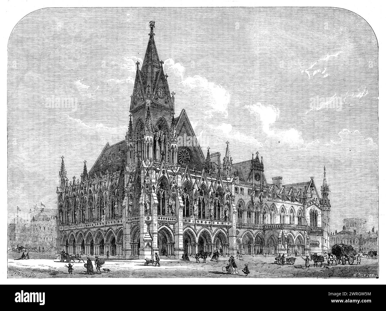 Tirage du Prix Royal Academy: "A provincial Townhall and Market-place", par Thomas Henry Watson, 1864. 'Ce prix, ouvert à tous les étudiants en architecture, est décerné pour des travaux réalisés dans les écoles de l'Académie pendant une période de cinq semaines, qui doivent consister en un dessin original, illustré par trois dessins, le sujet étant donné par le conseil. Cette année, "Une mairie provinciale et une maison de marché" a été le sujet choisi, et nous donnons la perspective sud-ouest de la conception réussie. La mairie, ou grande salle, est à l'avant, s'étendant sur le marché du maïs, le Banque D'Images