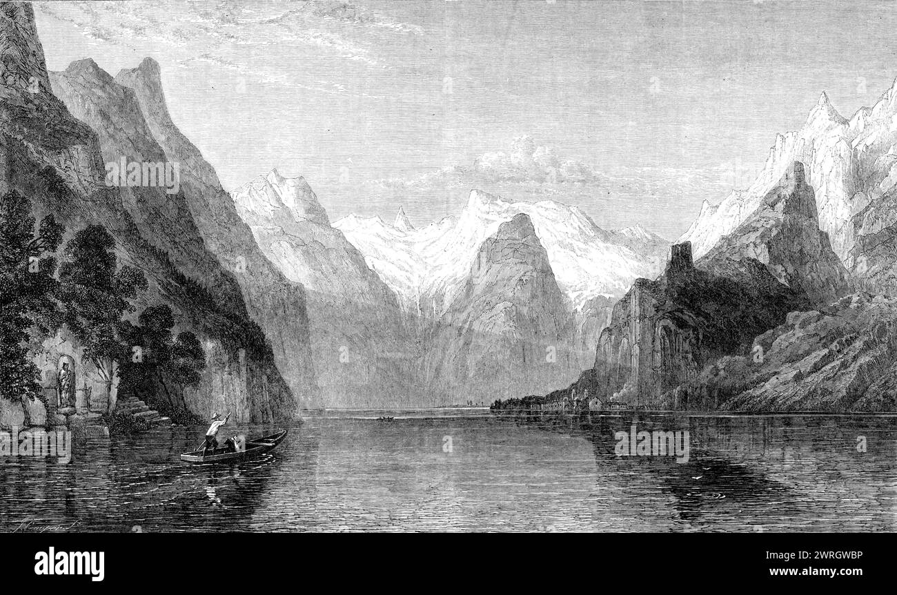 "Sunrise on the K&#xf6;Nigs See, Berchtesgaden, Alpes bavaroises", par W. C. Smith, dans l'exposition de la Société des peintres en aquarelles, 1864. '...le K&#XF6;Nigs See...est à peine surpassé pour la grandeur...la vue que l'artiste a choisie est...regarder vers Sanct Bartholom&#xe4;...[une chapelle] à laquelle sont faits des pèlerinages...et qui est vue sur une langue de terre à droite...le caractère vraiment sublimement impressionnant de la scène n'est pas seulement dû à la hauteur et l'ampleur des montagnes environnantes, mais à leur précipitation. Ils tombent de tous les côtés dans un pur et Banque D'Images