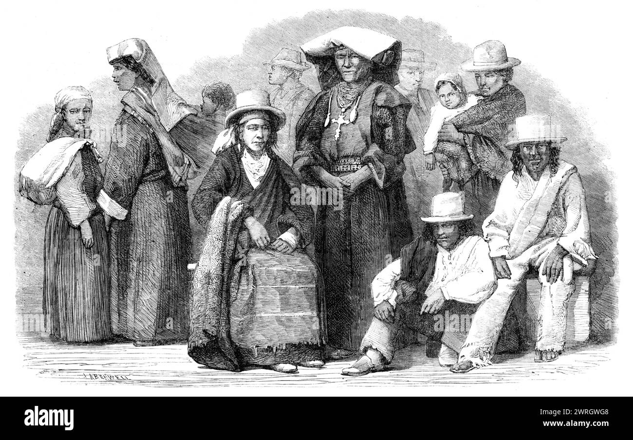 Indiens du Pérou et de Bolivie, Amérique du Sud, 1864. Gravure tirée d'une photographie de Mr. C. L. Rowsell de Valparaiso, de peuples indigènes appartenant à la partie à moitié civilisée de la population sud-américaine indigène. On dit qu'en Bolivie, leur nombre est plutôt en augmentation qu'en diminution ; et ils chérissent encore leurs traditions, qui promettent une récupération ultime de la terre pour leur propre nation. Un Indien de pur sang Aymara, lorsqu'il est attiré par la conscription dans les levés forcés des troupes, refusera de servir le gouvernement existant, ou, s'il sert, sera déshonoré dans la vue o Banque D'Images