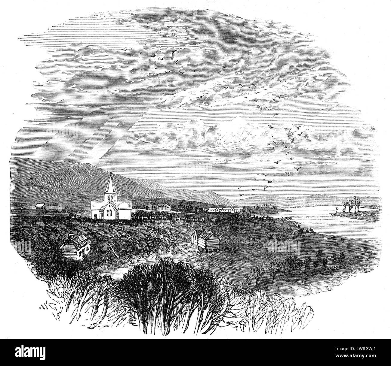 Vues au siège de la guerre en Nouvelle-Zélande : village sur la rivière Waikato, 1864. Gravure d'après une photographie de Mr. A.E. Smith. 'A l'arrière de la gravure du village de Waikato et de l'église est représentée une partie des têtes, qui commencent à l'embouchure de la rivière'. Tiré de "Illustrated London News", 1864. Banque D'Images