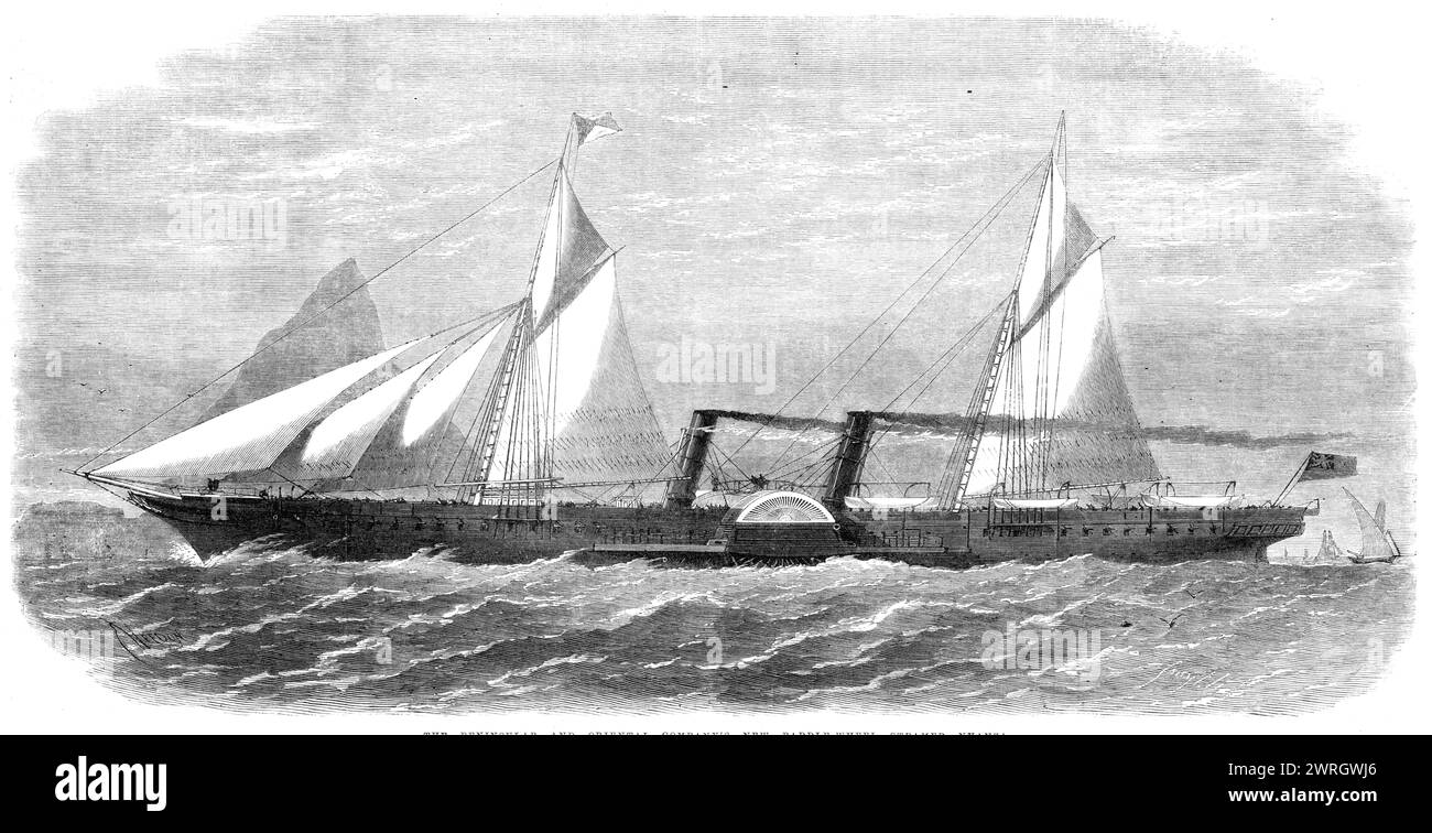 Nyanza, le nouveau bateau à aubes de la Peninsular and Oriental Company, 1864. Un navire construit par la Thames Ironworks and Shipbuilding Company à partir des plans de Mr. G. C. Mackrow '... a fait son premier voyage de Southampton à Alexandrie avec les mails de Bombay... les moteurs, fabriqué par Messrs J. et G. Rennie... sont de 450 chevaux-puissance nominale... elle a des couchettes pour 143 passagers de première classe et 34, avec une grande capacité pour le fret et le courrier. Tiré de "Illustrated London News", 1864. Banque D'Images