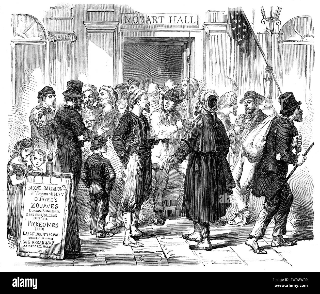 The War in America : Recruiting in New York : The Irish Zouaves, 1862. Scène dans un bureau de recrutement au Mozart Hall, Broadway. 'Le gouvernement fédéral... a été contraint d'avoir recours au système de prime-argent élevée aux étrangers... pour remplir les rangs épuisés de...[l'] armée...[ils] ont offert 100 dollars-prime-argent à chaque recrue, et, cette somme n'étant pas suffisante pour fournir le premier lot de 300 000 hommes que le M.R. Lincoln a exigé pendant l'été, et le second 300 000 qu'il a exigé sous la peine d'une conscription,... les corporations des différentes villes du nord... ont doublé Banque D'Images