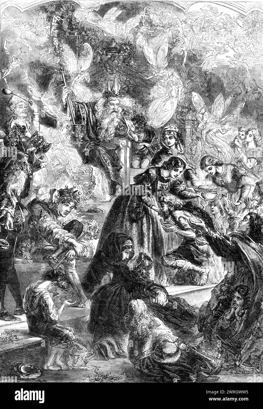 King Cheer - dessiné par James Godwin, 1864. Illustration d'un poème de George MacDonald. Le roi applaudit il régnait à Aureoland, avec une tasse pour un sceptre dans sa main ; Un roi joyeux à la trancheuse et à la tasse-il mangea assez, mais il buvait tout jusqu'à ce que sa tête commence à totaliser et à secouer, et ses mains et ses pieds à raidir et mal. Les docteurs ont été appelés, mais ils n'ont pas osé dire, "votre Majesté boit trop de tokay."...et la veille de Noël n'avait pas apporté de miroirs, et le roi pensait que rien n'était bon sur la terre. Levez le fou, dont chaque mot était trois parties sages et une partie absurde... le fo Banque D'Images