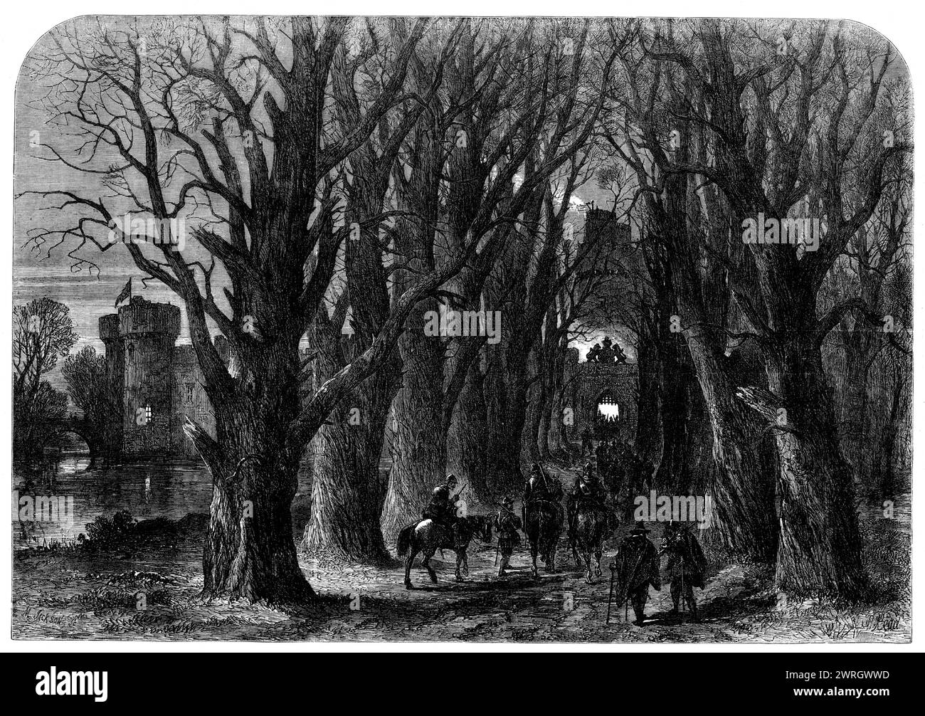 Le retour, (voir "la libération conditionnelle de la tête ronde") - dessiné par Samuel Read, 1864. Illustration à une histoire courte. Les barges retournèrent lourdement à Chillington avec la marée de retour, non avec Saxby et ses hommes, et pourtant pas vides, mais chacune avec une charge horrible et gémissante - les cavaliers morts, mourants et blessés que Saxby et la garnison avaient mis bas. Un peu après le coucher du soleil, un groupe fatigué et traînant... est retourné au château par l'avenue des châtaigniers pour trouver le phare qui s'enflamme encore. À l'arrière de cette troupe mélancolique vint l'aumônier. Il s'est appuyé lourdement sur son bâton, et de temps en temps al Banque D'Images