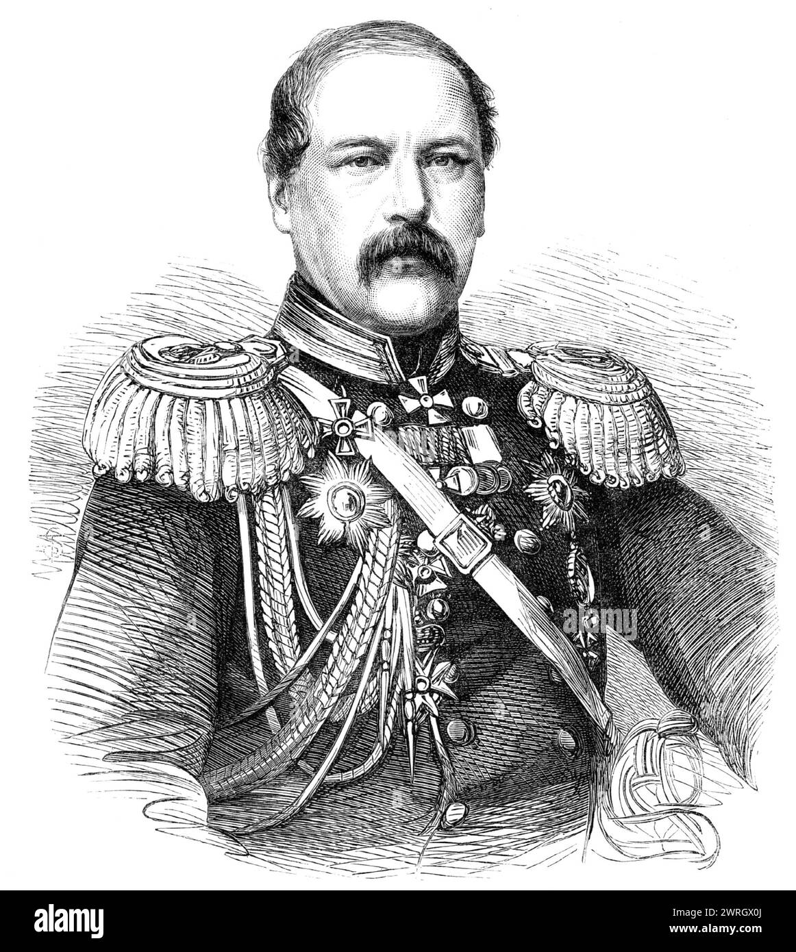 Général Todleben, ingénieur militaire russe, 1864. Gravure d'une photographie de M. Steinberg, 'Todleben... bien qu'un sujet et serviteur de l'empire russe, est de race allemande. Il a fait ses études à l'École impériale des ingénieurs à nommé Pétersbourg, et s'éleva régulièrement dans les rangs de sa profession...[il]...devoted lui-même à la théorie et à la science de la fortification, tout en dirigeant les opérations expérimentales des sapeurs de la Garde à Peterhof. En 1854, il est promu lieutenant-colonel, et est envoyé dans l'armée du Danube au début de la guerre avec la Turquie, mais il est bientôt t Banque D'Images