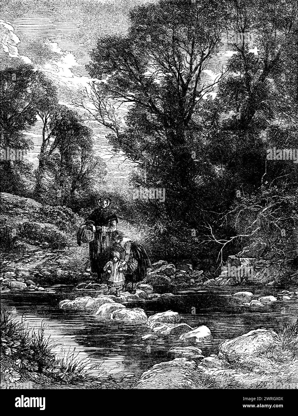 Birkett Foster "Pictures of English Landscape" : The Stepping-Stones, 1862. Parmi les livres récemment publiés et destinés à être vendus comme un "cadeau de Noël" ou "cadeau du nouvel an" se trouve le volume auquel nous avons emprunté une illustration, "Birket Foster's Pictures of English Landscape", gravée par les Frères Dalziel, avec des images en mots de Tom Taylor (Routledge et Co.). Nous avons sélectionné l'une des meilleures gravures de ce livre... il est intitulé "The stepping-stones"; et nous subjoignons l'accompagnement versifié de Mr. Taylor: "Still Broad Banque D'Images