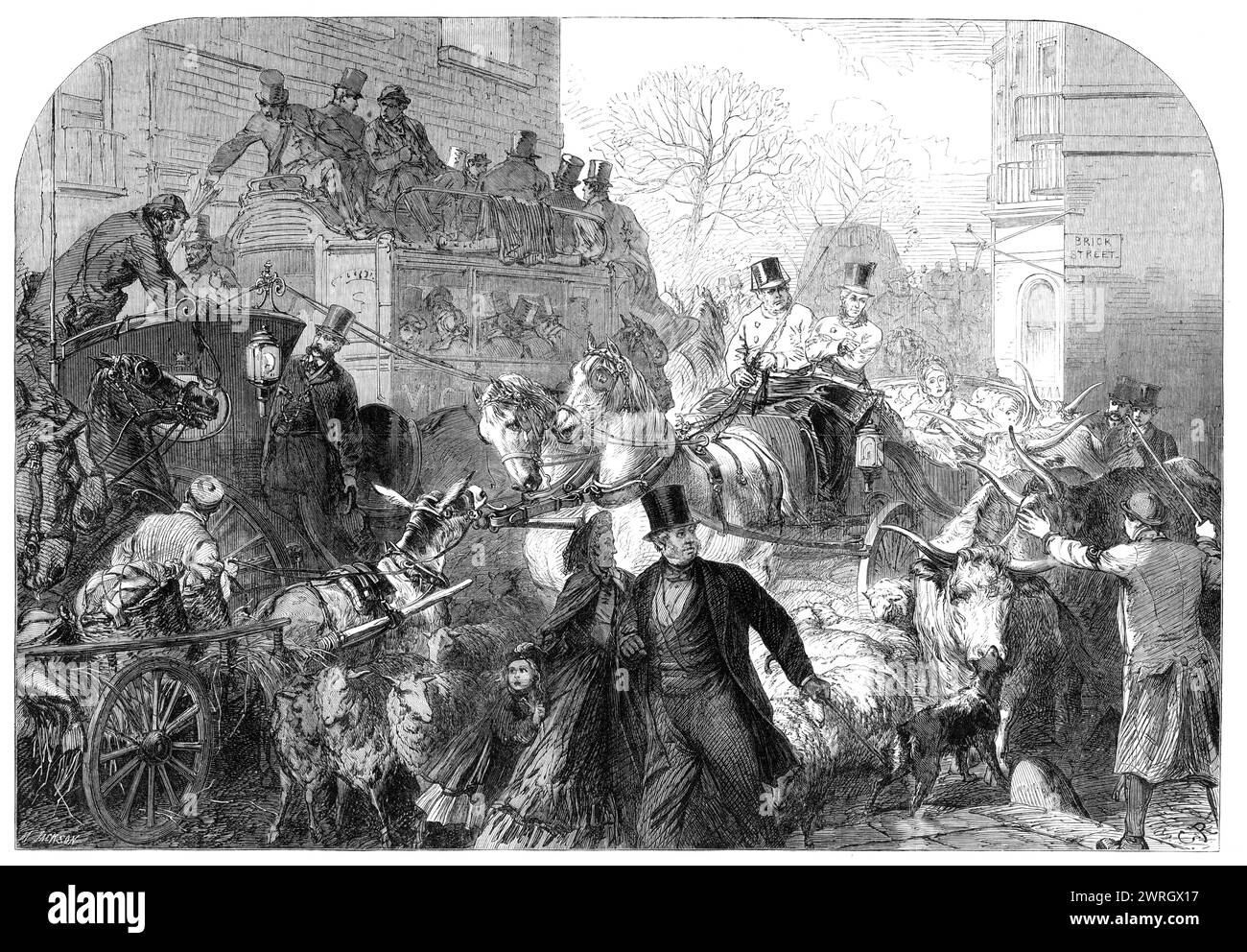 Un "bloc" dans Park-Lane, [Londres], 1864. Embouteillages : «juste à l'angle de Brick-Street, qui est proche de Holdernesse House, peut être vu, à certaines heures tous les jours, une scène de confusion ridicule mais pitoyable... l'énorme omnibus rouge, qui va du Paddington à la gare de Victoria; le somptueux chariot et la paire, qui porte une dame tyburnienne revenant de sa ronde de magasins ou appels du matin : le hansom agile, qui, pour sa rapidité, a été embauché par un homme à l'air impatient d'effectuer une course de hâte... la charrette à âne du costermonger, l'overdriv Banque D'Images