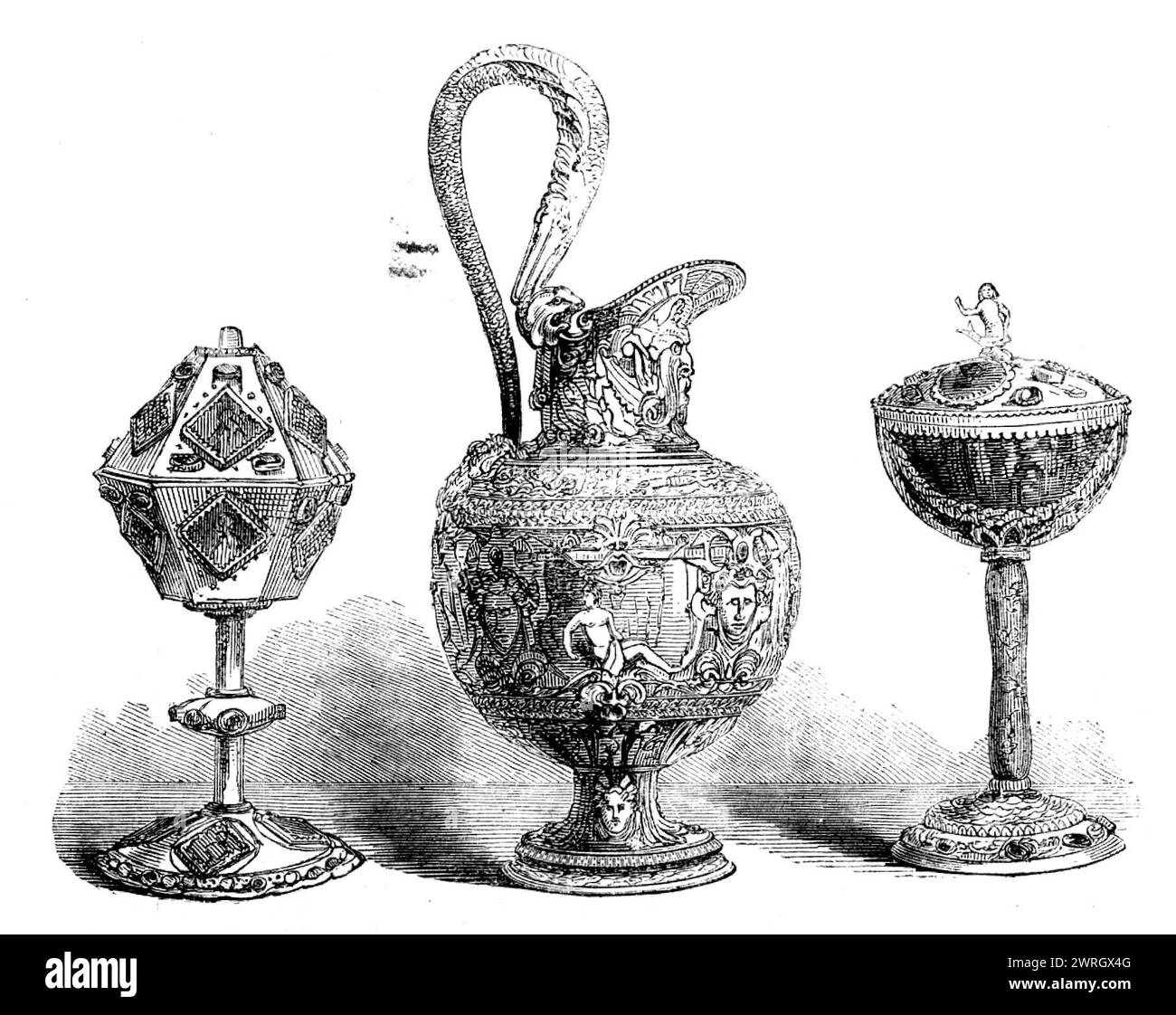 The Loan Collection, South-Kensington, 1862. Ciborium, ou pyx, en métal doré, orné de plaques de niello-work et de pâtes de verre émaillées. Oeuvre italienne, XIIIe ou XIVe siècle...ce spécimen très inhabituel et remarquable a un aspect byzantin très marqué...les dessins représentés dans...[les] plaques sont des demi-figures des Apôtres, notre Sauveur (deux fois répétés), et d'autres saints... ces représentations sur les plaques de verre sont exécutées dans des émaux et des crayons d'or d'une manière très remarquable et inhabituelle, évidemment vitrifiée, ou "brûlée". ...it semble suggestive Banque D'Images