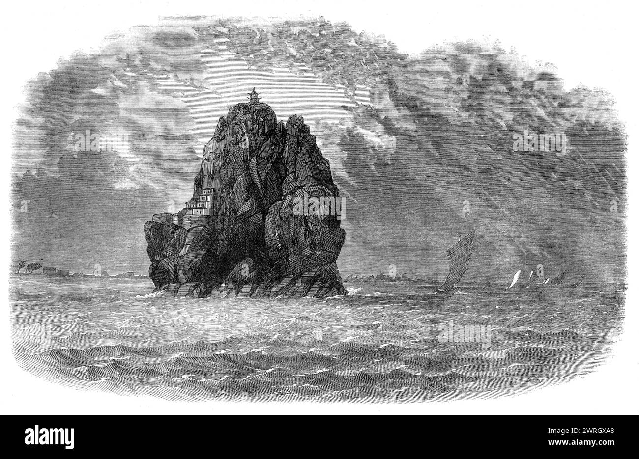 Vues en Chine : le petit Rocher orphelin, sur la rivière Yang-Tze-Kiang, 1864. Gravure à partir d'un croquis de Mr. F. L. Bedwell, de '...une vue du petit Rocher orphelin - un îlot des plus remarquables, situé dans la rivière Yang-Tze-Kiang. Il est d'environ 400 pieds. haut, et inaccessible, sauf par une volée de marches. Quelques moines bouddhistes vivent ici, dans un temple érigé sur une corniche près du sommet. Tiré de "Illustrated London News", 1864. Banque D'Images
