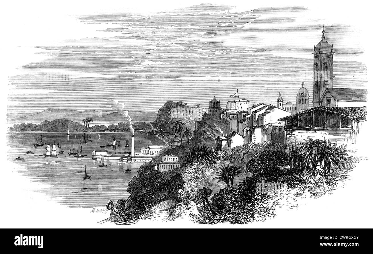 Vue de Bahia depuis les jardins publics, 1864. 'L'édifice en forme de dôme montré à droite est l'église du couvent bénédictin ; l'opéra apparaît près du milieu de la vue ; l'arsenal, distingué par une grande cheminée, et la maison de douane, avec jetée saillante, sont vus ci-dessous. Fort Gamboa et les eaux adjacentes, dans lesquelles les navires de guerre étaient ancrés, seraient plus à gauche. Tiré de "Illustrated London News", 1864. Banque D'Images