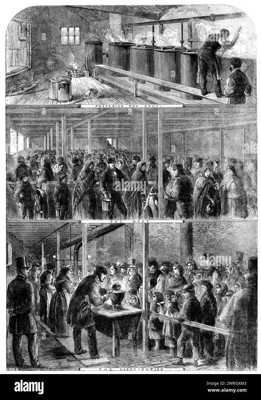 The Cotton famine : The Society of Friends' soupe-cuisine, Ball-Street, Lower Moseley-Street, Manchester, 1862. Les travailleurs du textile du Lancashire au chômage font la queue pour se nourrir. 'Préparer la soupe ; le labyrinthe ; la distribution... la soupe-cuisine... a été ouverte le 8 avril, et a été en fonctionnement constant depuis... la soupe faite [dans la maison bouillante] est d'excellente qualité, contenant 70lb. de bœuf, 50lb. d'orge, 65lb. de pois à la centaine de gallons, outre les légumes et l'assaisonnement. Il est vendu à un centime la pinte, soit moins que le coût du matériel, sans calculer les dépenses de main-d'œuvre Banque D'Images