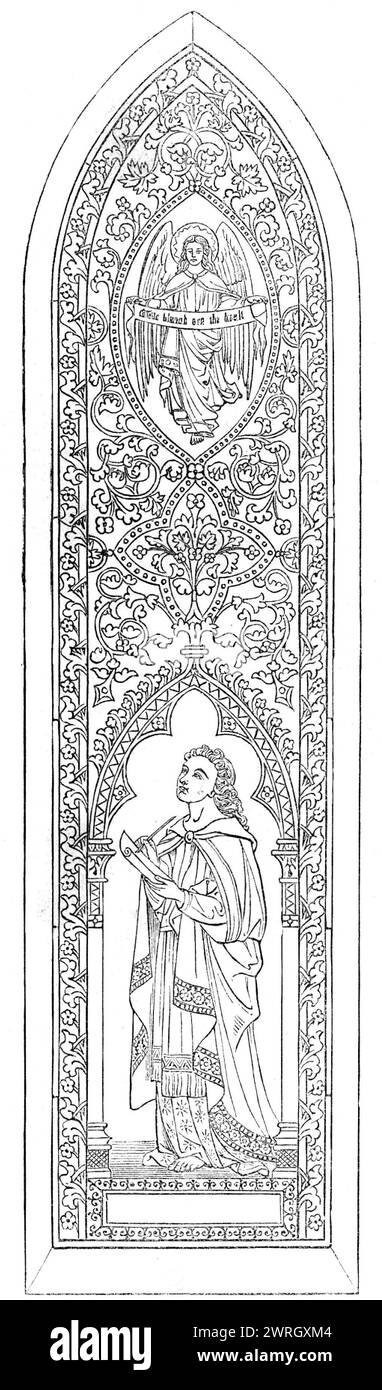 Fenêtre commémorative de MM. Cox et son, Christchurch, Worthing, 1862. «...messages Cox et son ont... exposé les capacités des fours qu'ils ont récemment érigés et de toutes les améliorations scientifiques adoptées à leurs travaux à Maiden-Lane. La partie inférieure de la fenêtre est occupée par la figure de réussis Jean, tenant dans sa main le stylet et le rouleau de parchemin et écoutant la voix de l'ange, qui porte aussi un rouleau, sur lequel est inscrit : «écrivez, bénis sont les morts qui meurent dans le Seigneur." La figure de l'évangéliste est richement voilée, tandis que l'ange est Med Banque D'Images