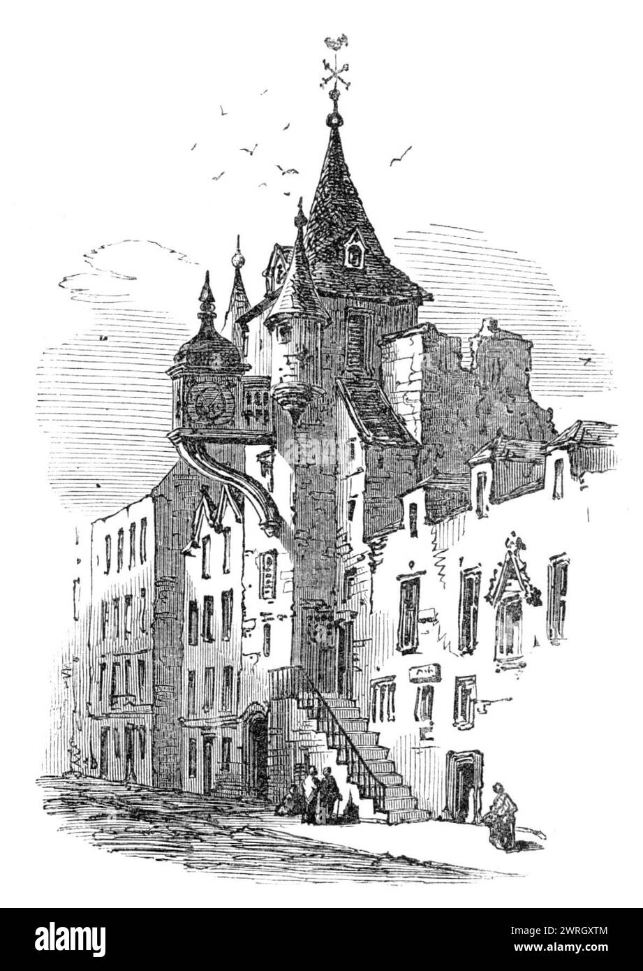 Édimbourg : le Tolbooth, 1864. Canongate Tolbooth, construit en 1591, est un monument historique de la vieille ville. C'était le centre de l'administration et de la justice de la ville de Canongate, alors séparée, qui était à l'extérieur des murs de la ville d'Édimbourg. Il a cessé d'être un bâtiment municipal en 1856 et est devenu le People's Story Museum. Il est protégé en tant que bâtiment classé de catégorie A. Tiré de "Illustrated London News", 1864. Banque D'Images