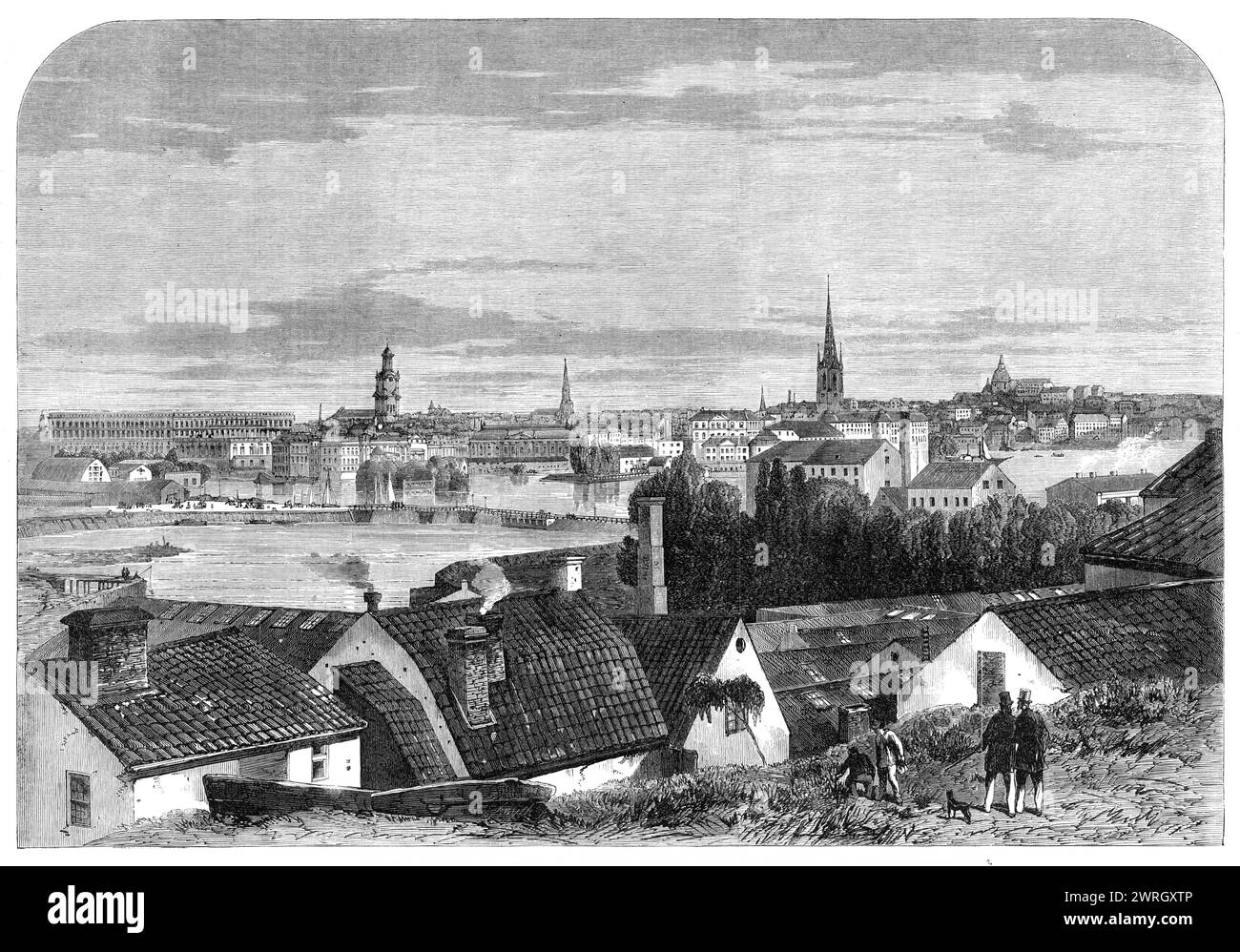Visite du Prince et de la Princesse de Galles en Suède : vue d'ensemble de la ville de Stockholm, 1864. View '...from la banlieue de Norrmalm, sur la rive nord du détroit qui relie le lac M&#xe4;LAR à la mer Baltique. Les principaux bâtiments vus à travers l'eau sont ceux sur l'île stade, ou groupe de trois îlots... la plus grande masse de la ville s'étendant sur une certaine distance le long de chaque rive du détroit par lequel ces petites îles sont infermées. Le Palais du Roi, sur l'îlot appelé Gustavsholm, est montré à la main gauche - une vaste pile carrée avec un toit plat ; puis vient l'église o Banque D'Images