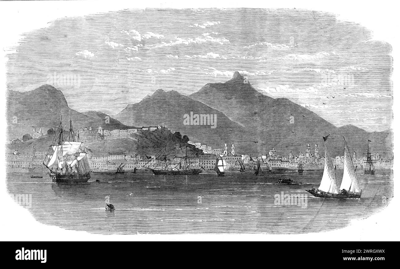 Le port et la ville de Rio de Janeiro, 1864. 'L'Alto do Imperador, ou colline de l'Empereur... est d'environ 3000 pieds. Haut, et commande, comme nos lecteurs le verront, une très belle perspective sur la baie de Rio de Janeiro. Le Rio and Petropolis Railway passe par le sol bas à mi-chemin ; et Man&#xe0;, le terminus ferroviaire et le petit port où les paquebots se touchent pour accueillir leurs passagers pour Rio, devrait être presque en face de la fin de la longue île sur le côté proche de la baie. De plus, la ville de Rio de Janeiro longe la côte jusqu'au pied des montagnes lointaines Banque D'Images