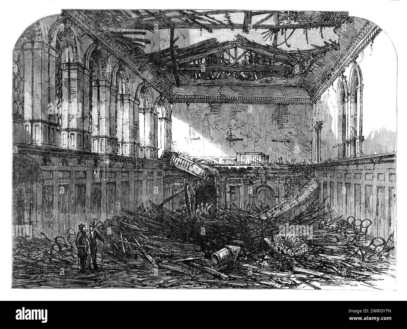 The Great Fire in the City : Ruins of Haberdashers' Hall, [ville de Londres], 1864. «Dans une conflagration d'une ampleur calamiteuse... l'une des plus anciennes de nos salles civiques - celle de la Compagnie des Haberdashers - a été presque réduite à des murs sans toit et des chevrons noircis... l'ancienne salle des Haberdashers, avec beaucoup de documents de la compagnie et des biens de grande valeur, ont été détruits dans le Grand incendie de 1666... dans l'année qui a suivi l'incendie, 1667, la reconstruction de la salle a été commencée par Wren... la salle de banquet était haute et spacieuse, et avait un écran et une galerie de musique... les bras de distinguer Banque D'Images