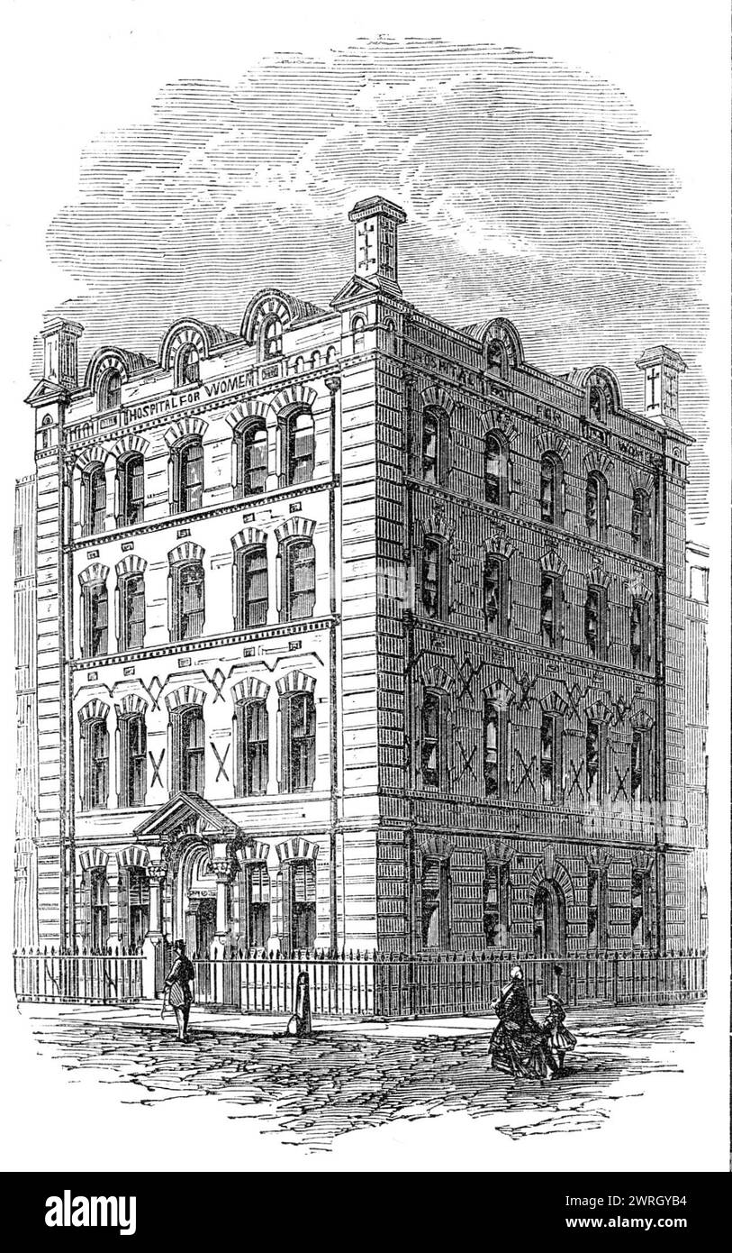 The Hospital for Women, Soho-Square, [Londres], 1864. « Cet hôpital a été institué en 1842. Avant sa fondation, aucune institution consacrée exclusivement à l'accueil des femmes et au traitement de leurs maladies particulières n'existait nulle part, comme l'avait alors constaté le comité provisoire dans une longue correspondance avec les chefs de la profession dans ce pays et dans d'autres. L'année dernière, le comité a décidé d'agrandir le bâtiment, ce qui a été fait au coût de l'institution &#xa3;2600. Jusqu'à présent, il n'y avait d'hébergement que pour vingt-cinq patients hospitalisés ; maintenant, les services reçoivent Banque D'Images