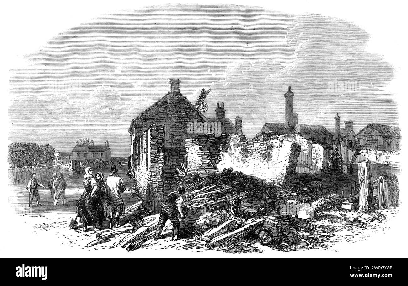 Ruines du village de Billinghay, Lincolnshire, après l'incendie tardif, 1864. 'Nous donnons une vue des ruines d'une partie du village de Billinghay, qui a été détruit par un incendie le vendredi 9 septembre. L'incendie, semble-t-il, a été causé par les étincelles d'une cheminée sale tombant sur le toit d'un trou de chaume dans une cour appartenant à William Scott, marchand de bois. Le vent soufflait alors un vent de l'ouest, et la paille brûlante fut soufflée sur un cottage de chaume appartenant à Robert Newton, un transporteur entre Sleaford et Lincoln. Ce bâtiment a été complètement vidé, ainsi que l'écurie Banque D'Images