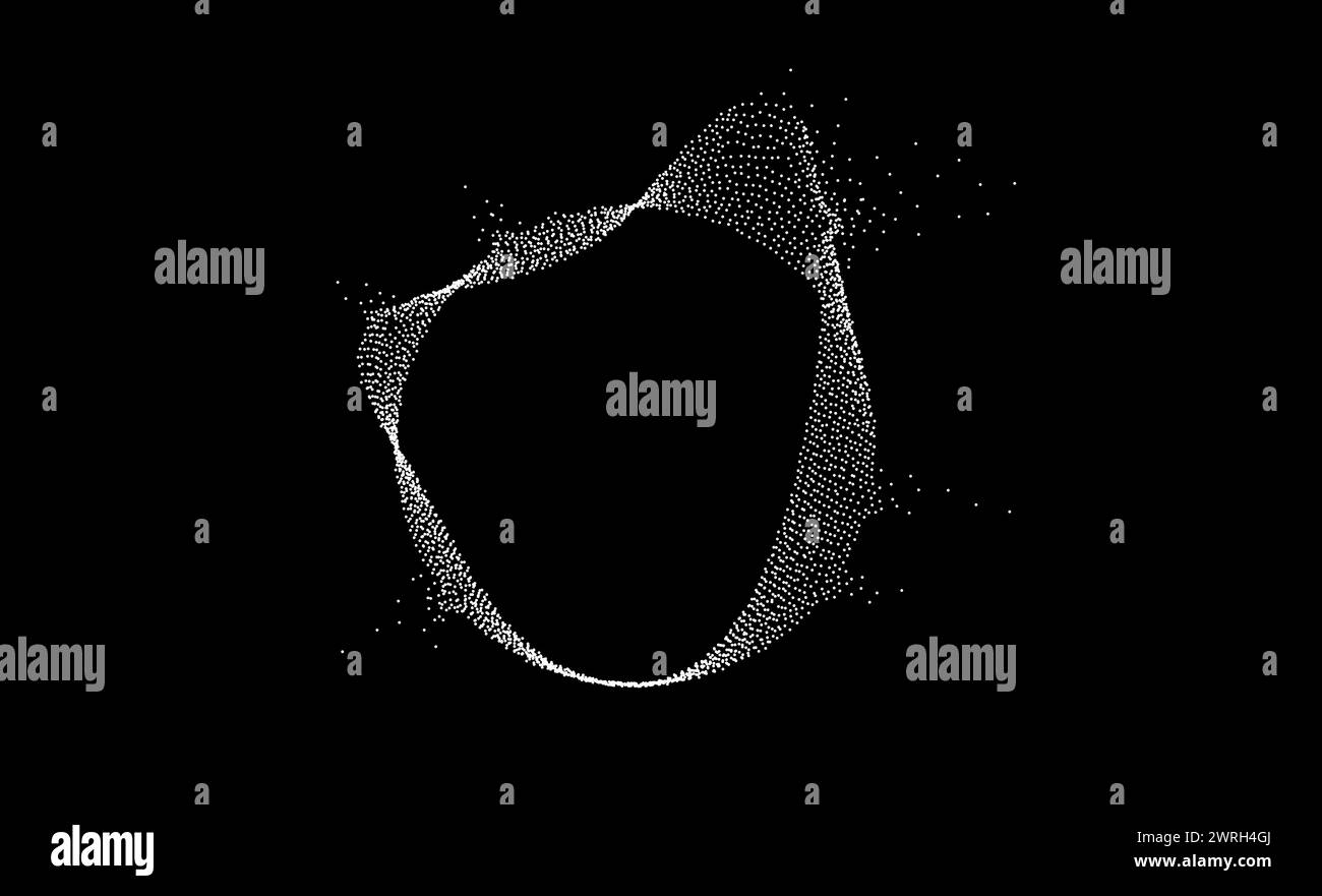 Lignes de dissolution ondulées pointillées blanches. Cercle courbe désintégrant stipple sur fond noir. Sphère texturée en demi-teinte avec grain de bruit. Particules de grunge ou taches radiales. Bulle de travail de point. Vecteur Illustration de Vecteur