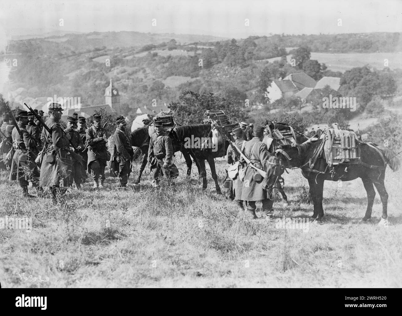 Détachement de mitrailleuses françaises, entre c1914 et c1915. Soldats français avec des chevaux de meute qui portent des mitrailleuses (mitrailleuses démontées). Banque D'Images