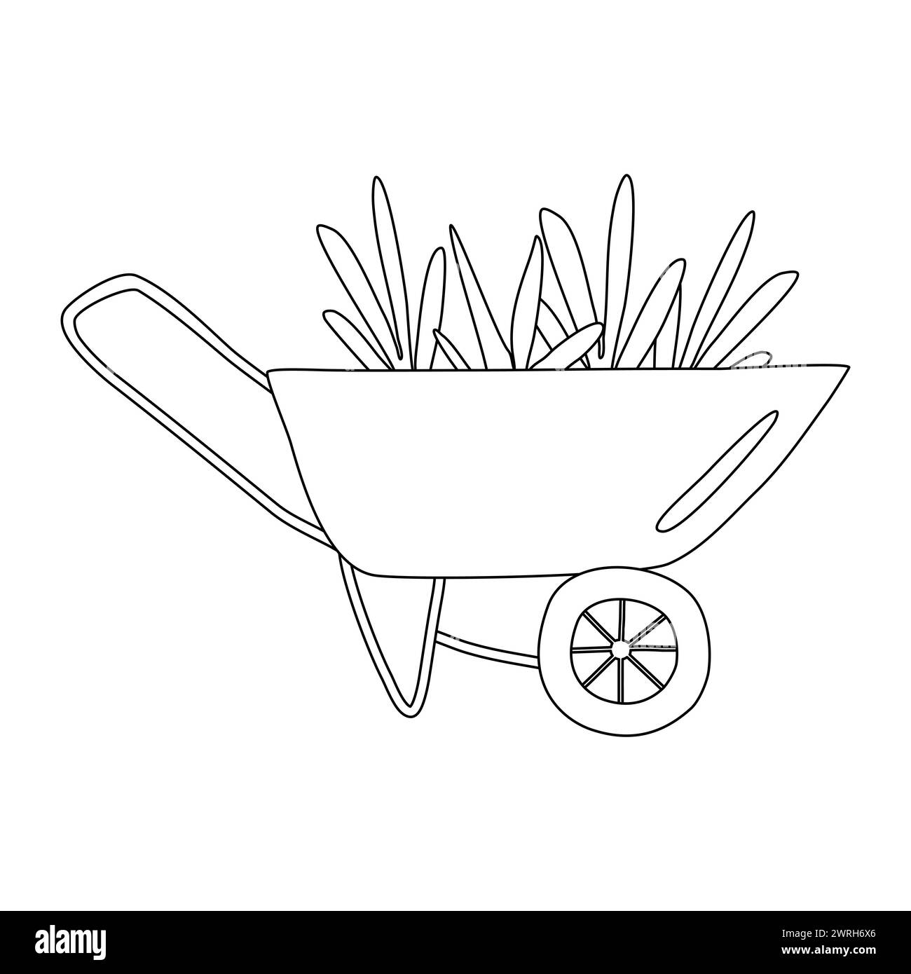 Brouette de jardin pleine de plantes vertes, illustration vectorielle plate de style doodle pour livre de coloriage pour enfants Illustration de Vecteur