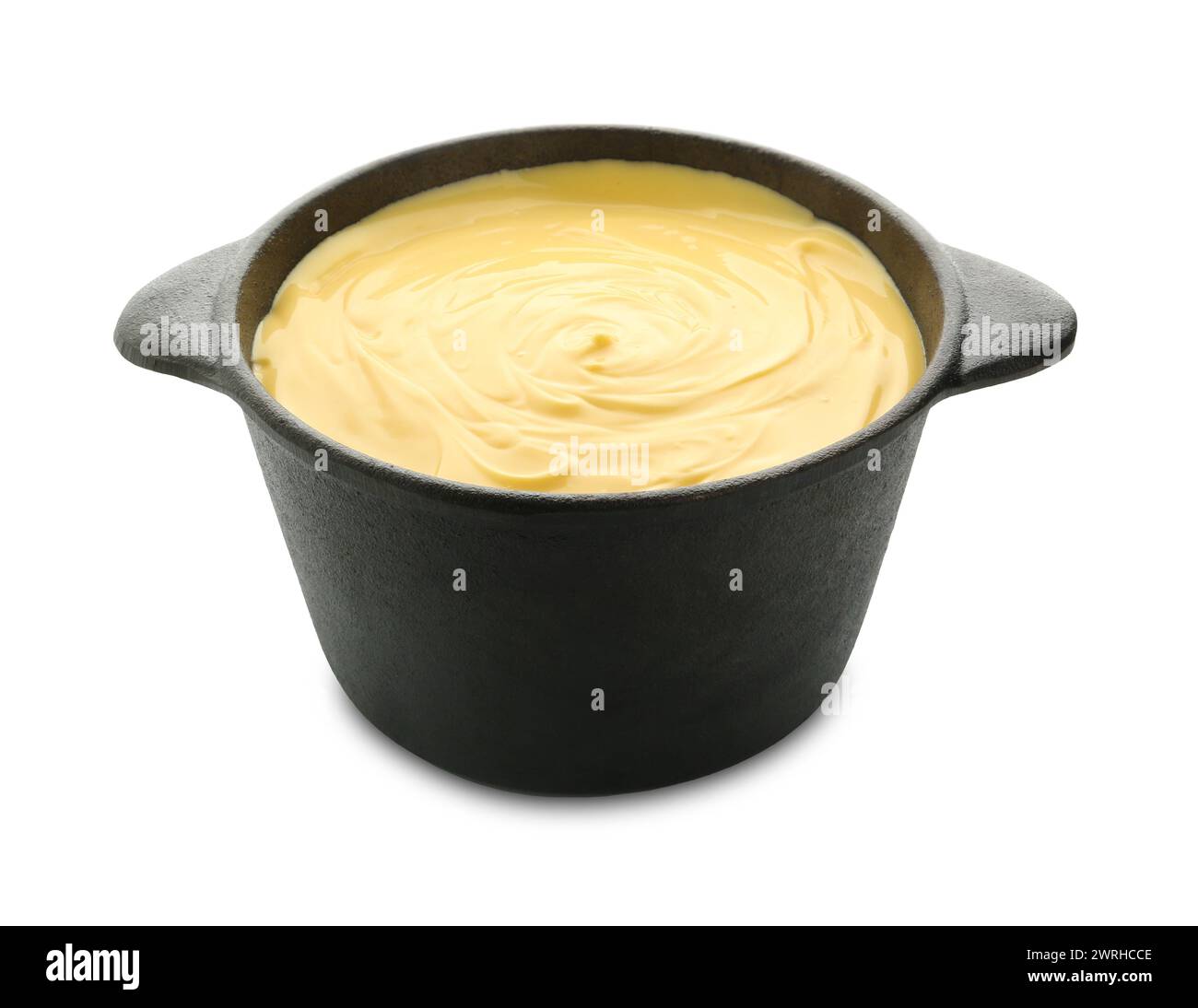 Casserole à fondue avec du fromage fondu savoureux isolé sur blanc Banque D'Images