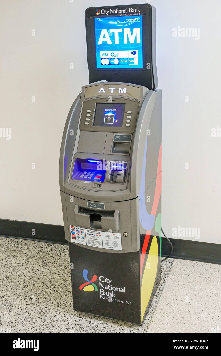 Miami Florida, Miami International Airport MIA, terminal intérieur, City National Bank ATM, self-service, signe d'information, promotion de la promotion Banque D'Images