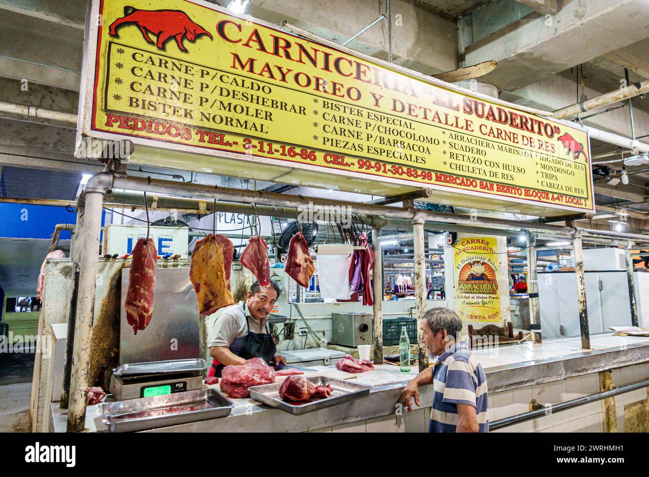 Merida Mexico, Centro Calle 56, Mercado San Benito, Mercado municipal de Artesanias, Mercado Lucas de Galvez, vendeur de stand, boucher viande de bœuf viande de porc bar Banque D'Images