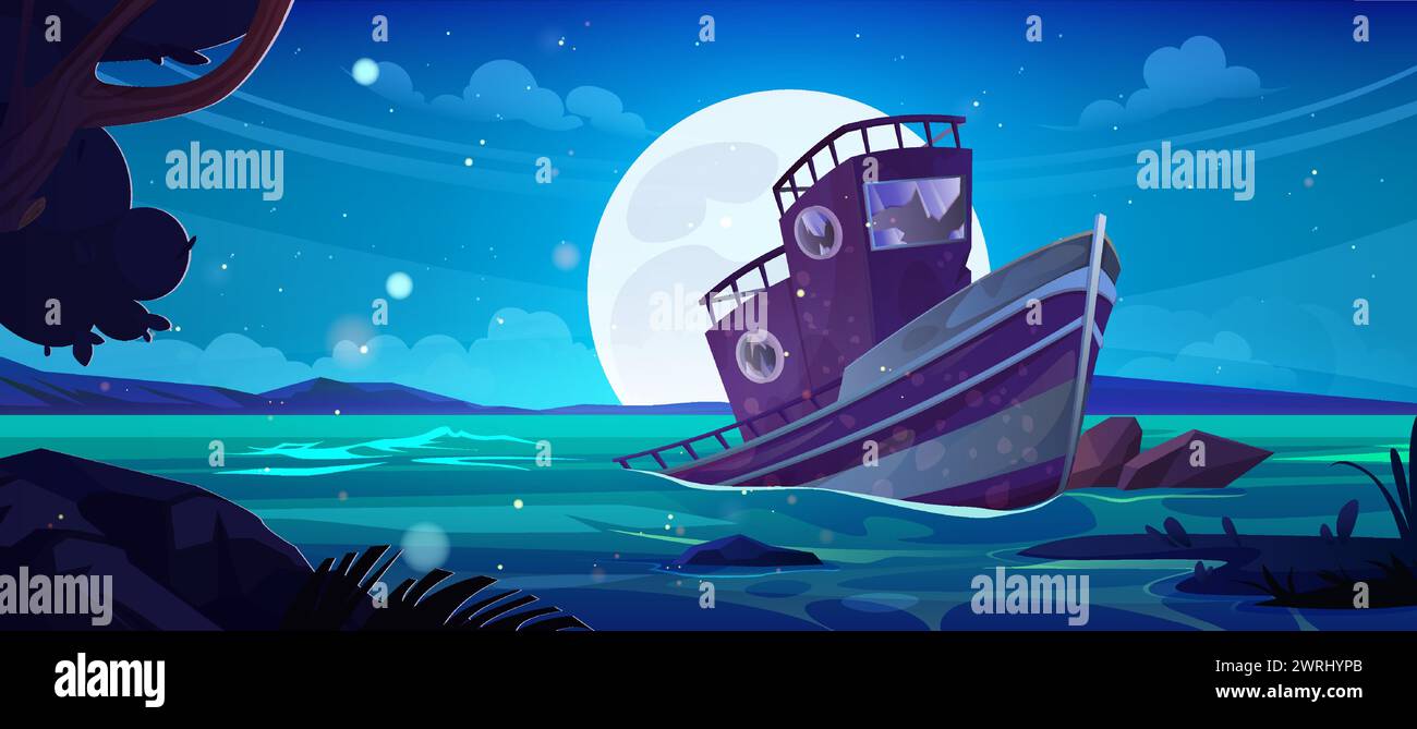 Épave de navire de dessin animé et naufrage après l'illustration vectorielle de crash. Bateau vintage abandonné cassé en mer. Transport d'eau de pêche fissuré délabré et paysage marin bleu pleine lune de nuit calme Illustration de Vecteur