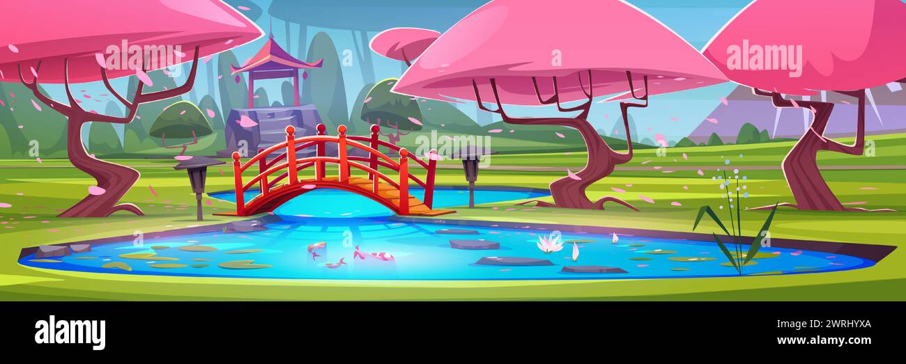Parc de la ville japonaise avec poissons koi et lotus dans l'étang, pont en bois, arbres de sakura à fleurs roses et gazebo de forme traditionnelle. Illustration vectorielle de dessin animé du paysage de printemps avec la cerise en fleurs. Illustration de Vecteur