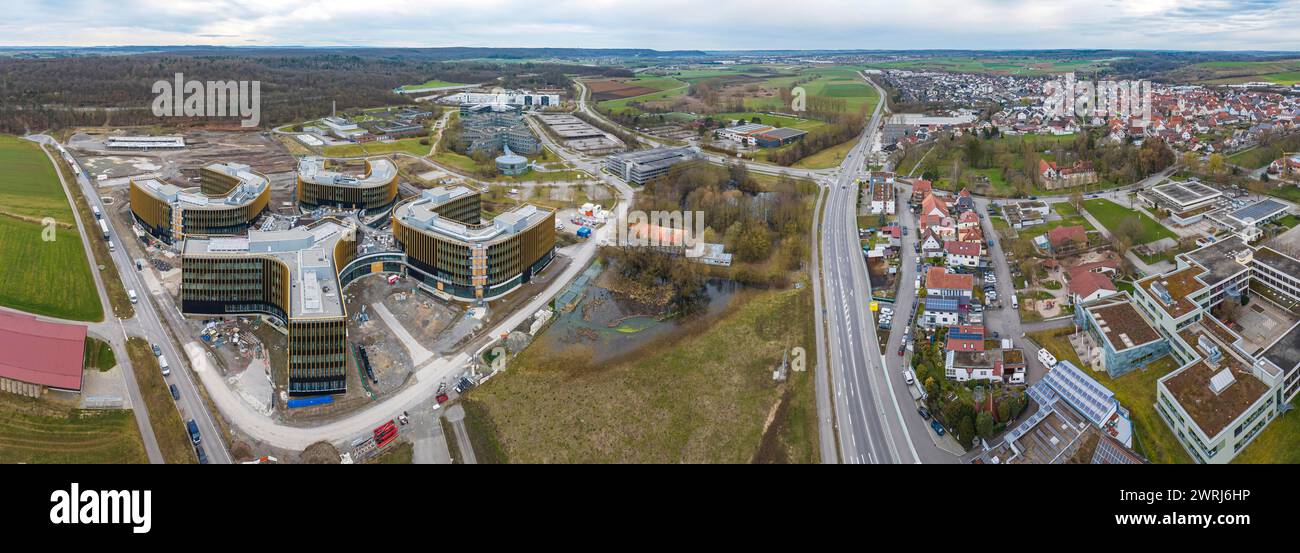 Projet de construction IBM à Ehningen, vue aérienne. Campus technologique de grand chantier de construction. Une fois les bâtiments terminés, le nouvel allemand Banque D'Images