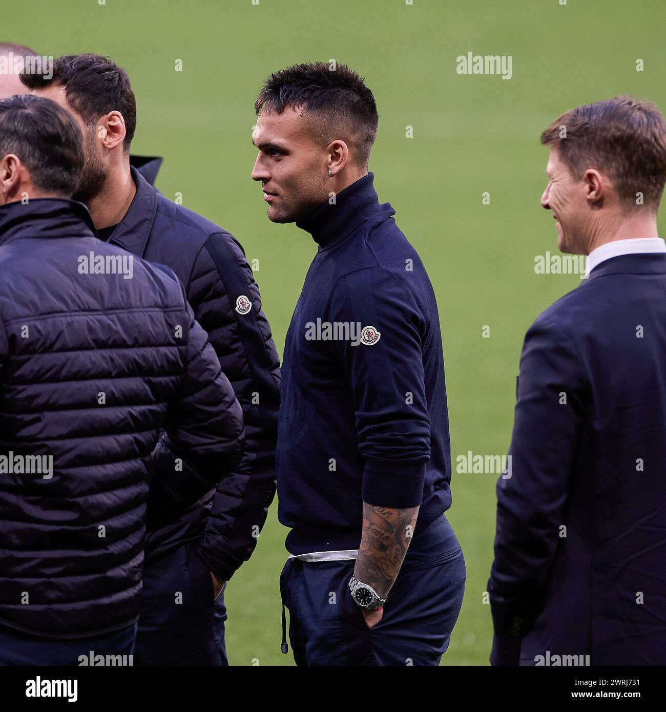 Madrid, Espagne. 12 mars 2024. Lautaro Martinez du FC Internazionale Milano participe à la reconnaissance du terrain à la veille du match de football de la 16e manche de l'UEFA Champions League contre l'Atletico Madrid au stade Civitas Metropolitano. (Photo de Federico Titone/SOPA images/SIPA USA) crédit : SIPA USA/Alamy Live News Banque D'Images