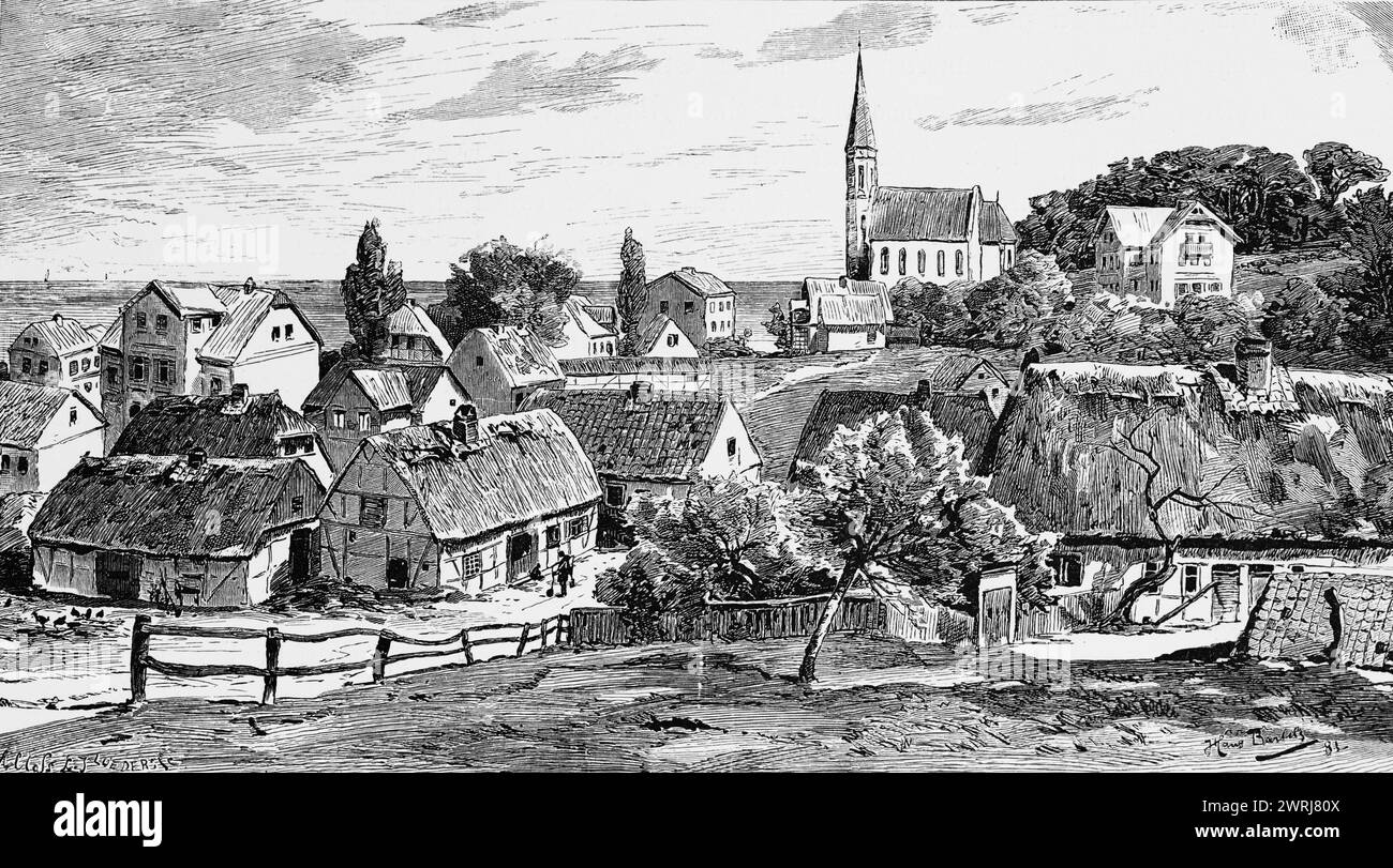 Vue de la communauté rurale de Misdroy ou Miedzyzdroje, Pologne, village, église, maison à colombages, rural, paysage vallonné, historique Banque D'Images