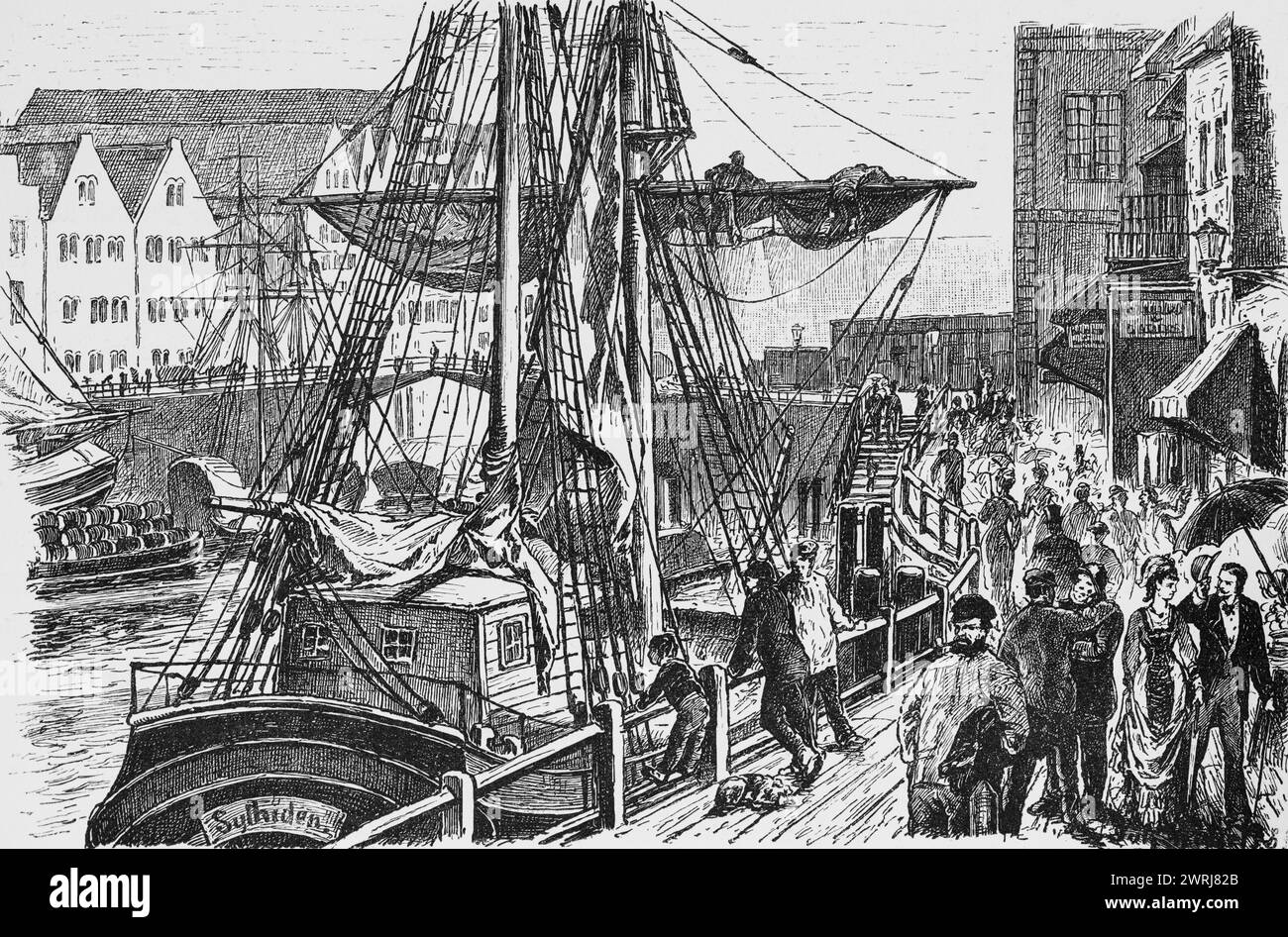 Sur le pont long, Gdansk ou GdaÅ„SK, mer Baltique, Pologne, Motlawa, Motlawa, port, jetée en bois, deux maîtres, pont, beaucoup de gens, marcheurs Banque D'Images