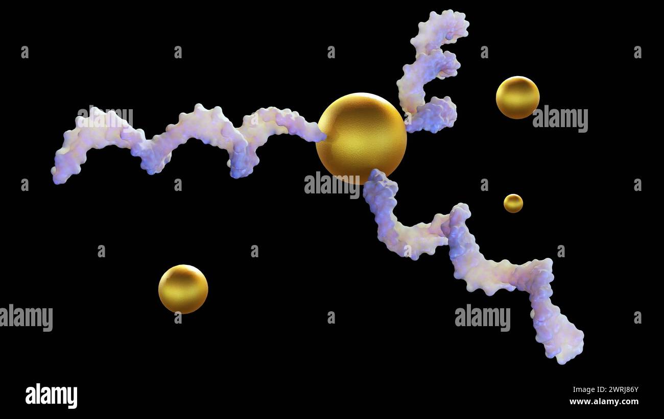 Le rendu 3d des nanoparticules d'or (AuNPs) peut être utilisé pour délivrer des acides nucléiques, tels que l'ARN, Banque D'Images