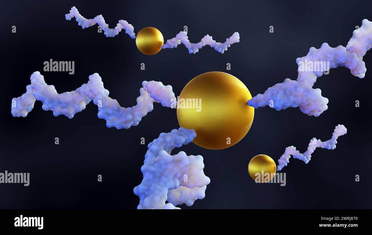 Le rendu 3d des nanoparticules d'or (AuNPs) peut être utilisé pour délivrer des acides nucléiques, tels que l'ARN, Banque D'Images