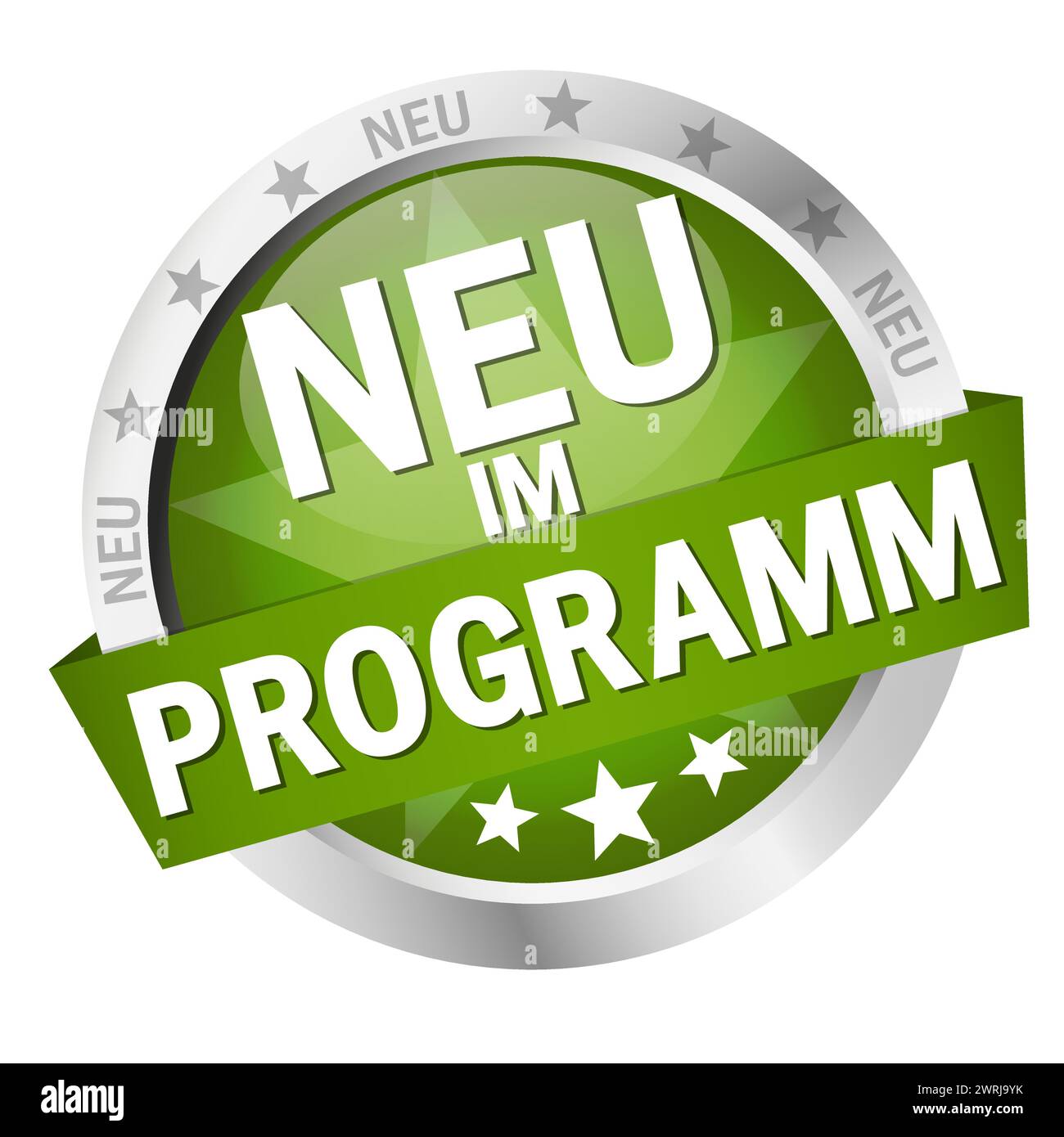 Vecteur EPS 10 avec bouton couleur ronde avec la bannière et le texte nouveau en presse (en allemand) Illustration de Vecteur