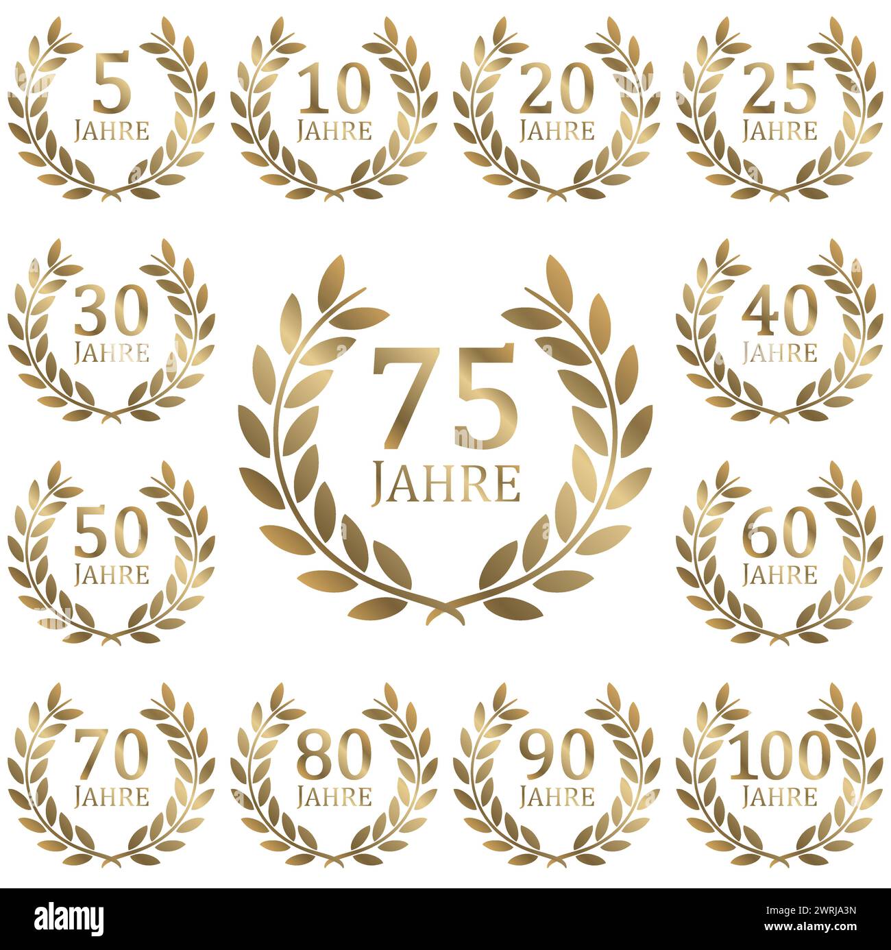 fichier vectoriel eps avec collection de couronne de laurier dorée sur fond blanc pour le succès ou le jubilé ferme avec texte de 5 à 100 ans (texte allemand) Illustration de Vecteur