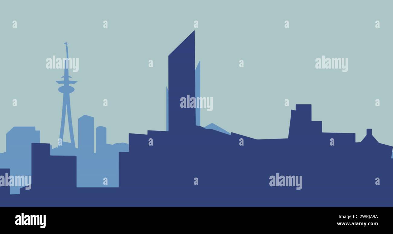 Une ligne d'horizon simplifiée de la ville est représentée dans des tons bleus froids Banque D'Images