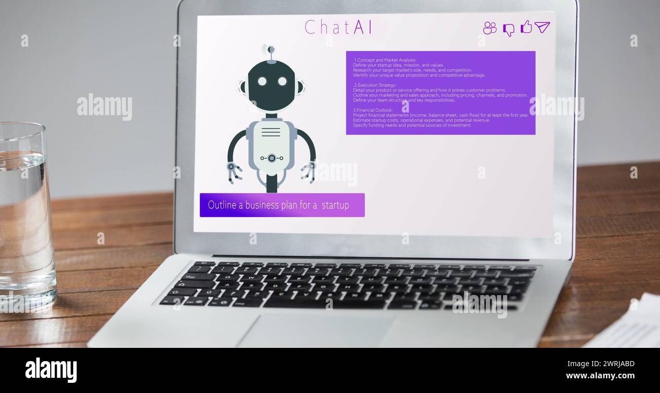 Image de l'écran d'ordinateur portable avec l'icône ai chatbot et le traitement des données Banque D'Images