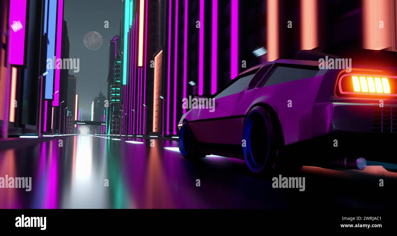 Une voiture futuriste se dresse dans un paysage urbain éclairé au néon la nuit Banque D'Images