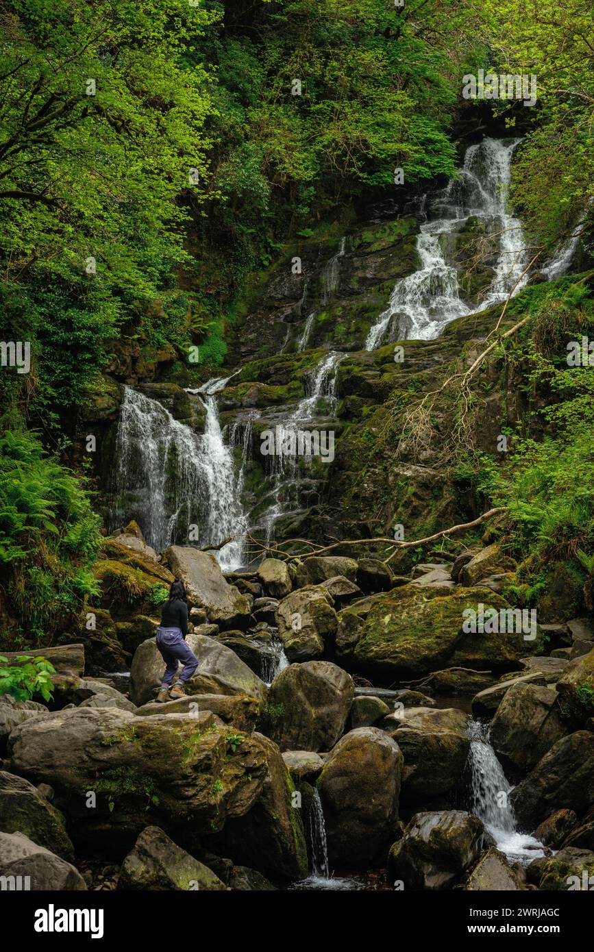 Femme touriste à la chute d'eau de Torc dans le parc national de Killarney, comté de Kerry, Irlande Banque D'Images