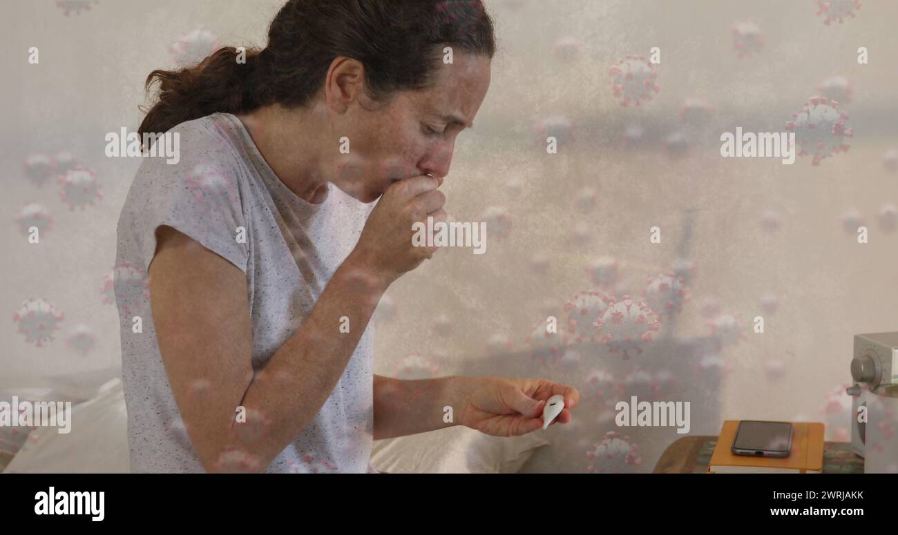 L'image numérique représente une femme présentant des symptômes de COVID-19 dans un contexte de pandémie mondiale. Banque D'Images
