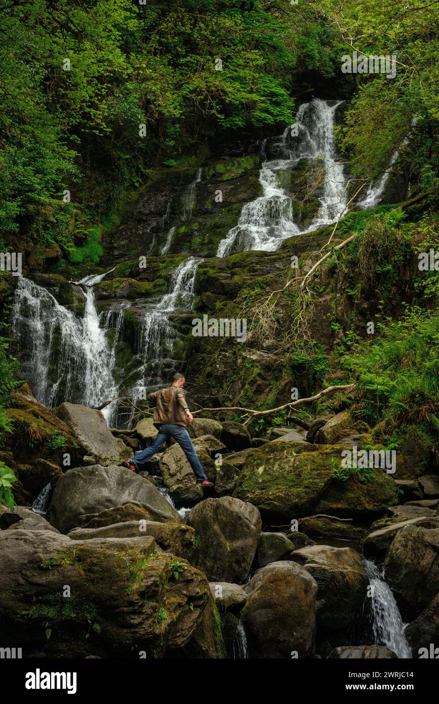 Touriste mâle sautant sur des rochers à la cascade Torc dans le parc national de Killarney, comté de Kerry, Irlande Banque D'Images