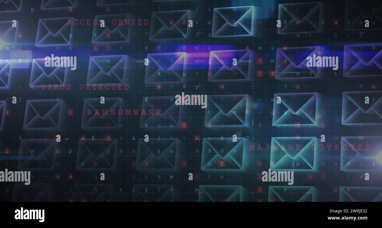 Image du traitement des mots et des nombres de cybercriminalité sur des rangées d'enveloppes numériques Banque D'Images