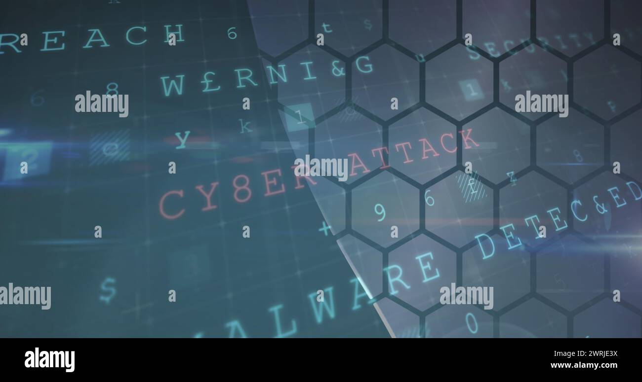 Image du texte d'avertissement de cyberattaque et des numéros qui changent au-dessus des hexagones Banque D'Images